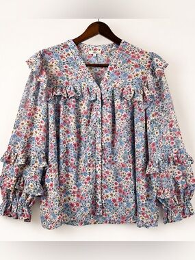 Entro Floral Ruffle Blouse Statement Sleeve Sheer Romantic Prairie Top L